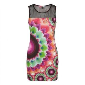 Desigual Multicolor Floral Kaleidoscope Mini Dress with Black Mesh Yoke